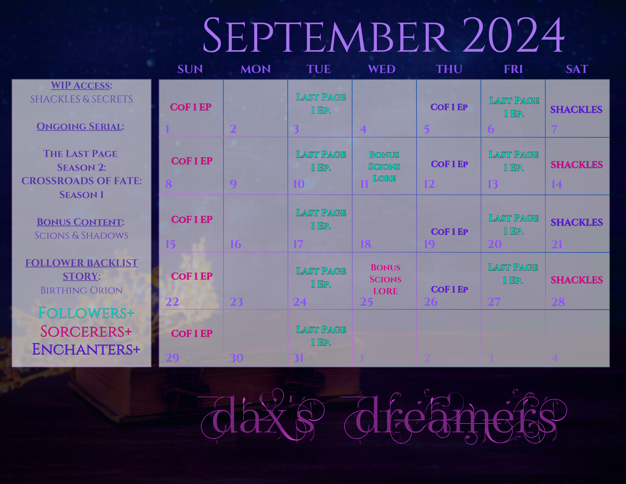 Calender with crystals on the edges and color coded dates. See written schedule.